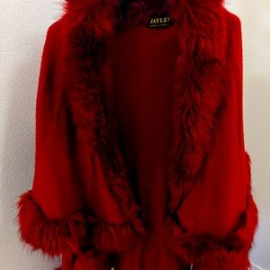 Jayley Faux Fur Trim Double Layer Wool Poncho